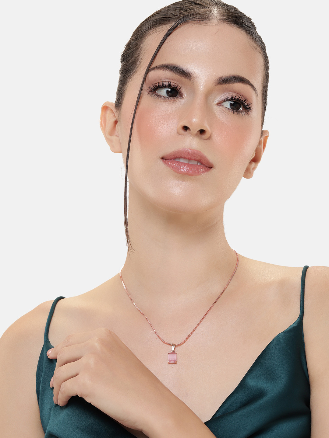 

Estele Rose Gold-Plated CZ-Studded Geometric Pendant with Chain, Pink