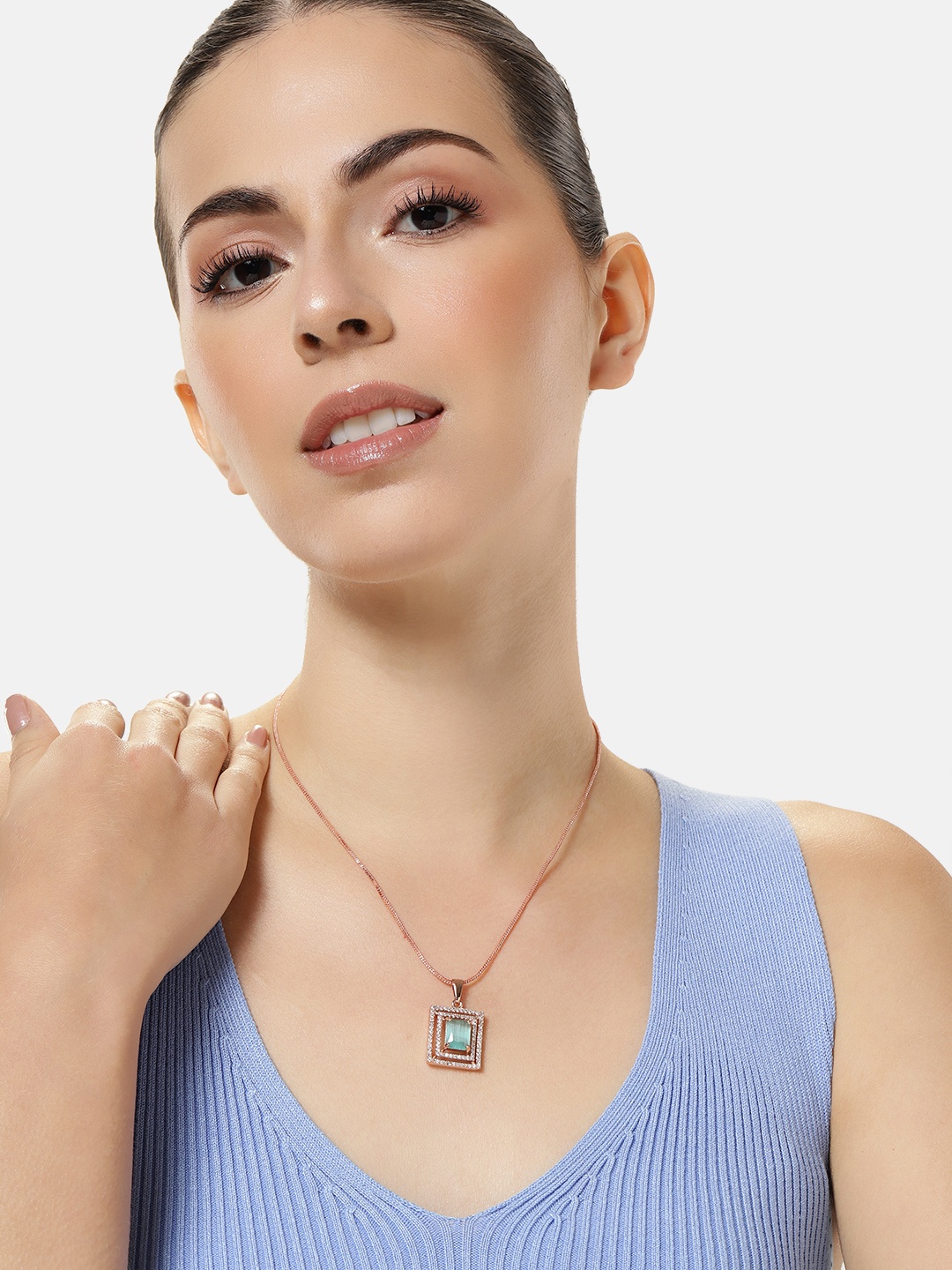 

Estele Rose Gold-Plated Geometric CZ Pendant with Chain, Sea green