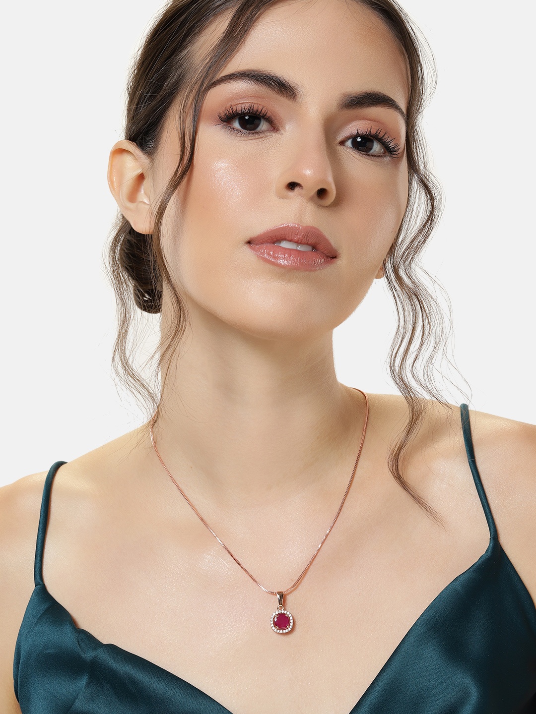 

Estele Rose Gold-Plated Square CZ Pendant with Chain, Red