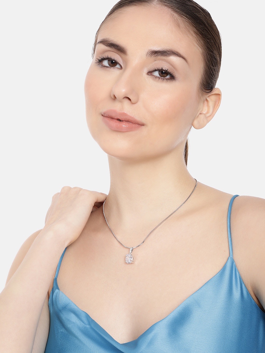

Estele Rhodium-Plated Geometric CZ Pendant with Chain, White