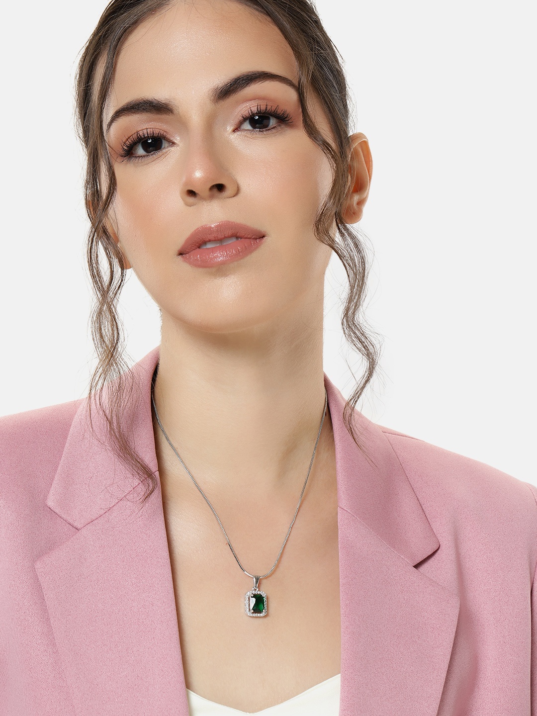 

Estele Rhodium-Plated Geometric CZ Pendant with Chain, Green