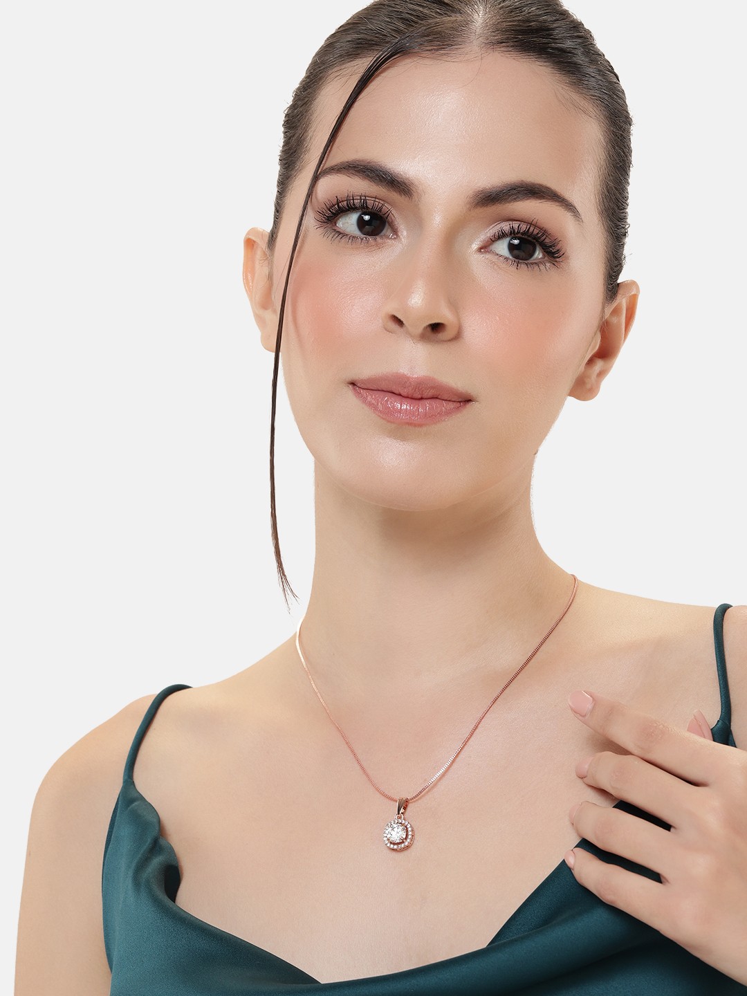 

Estele Rose Gold-Plated CZ-Studded Geometric Pendant with Chain, White
