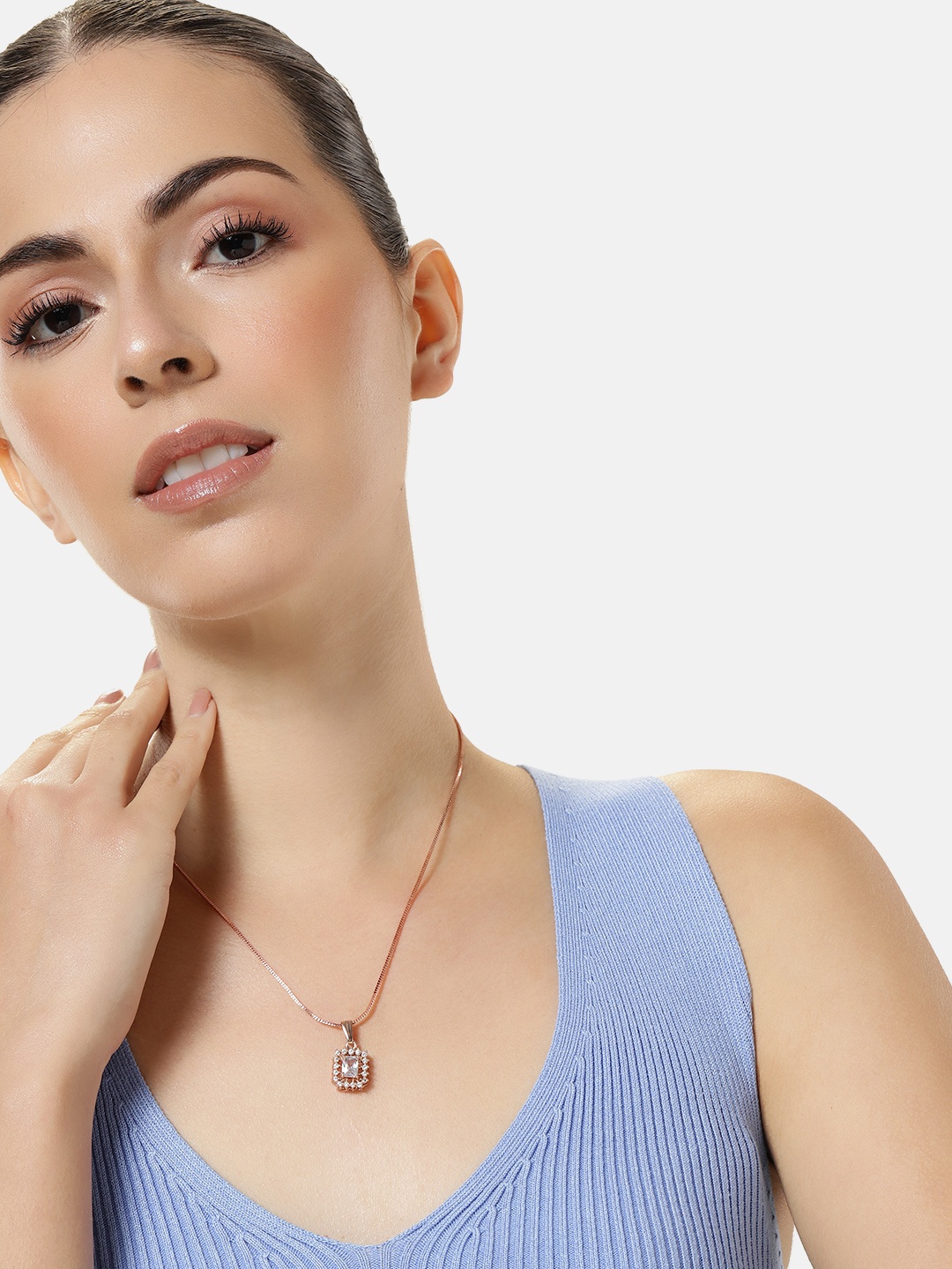 

Estele Rose Gold-Plated Geometric CZ Pendant with Chain, White