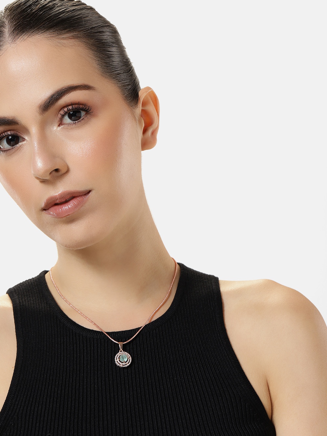 

Estele Rose Gold-Plated Circular CZ Pendant with Chain, Green