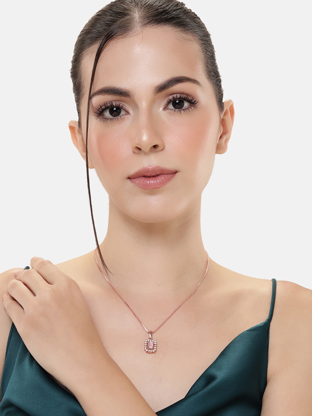 

Estele Rose Gold-Plated CZ-Studded Geometric Pendant with Chain, Pink