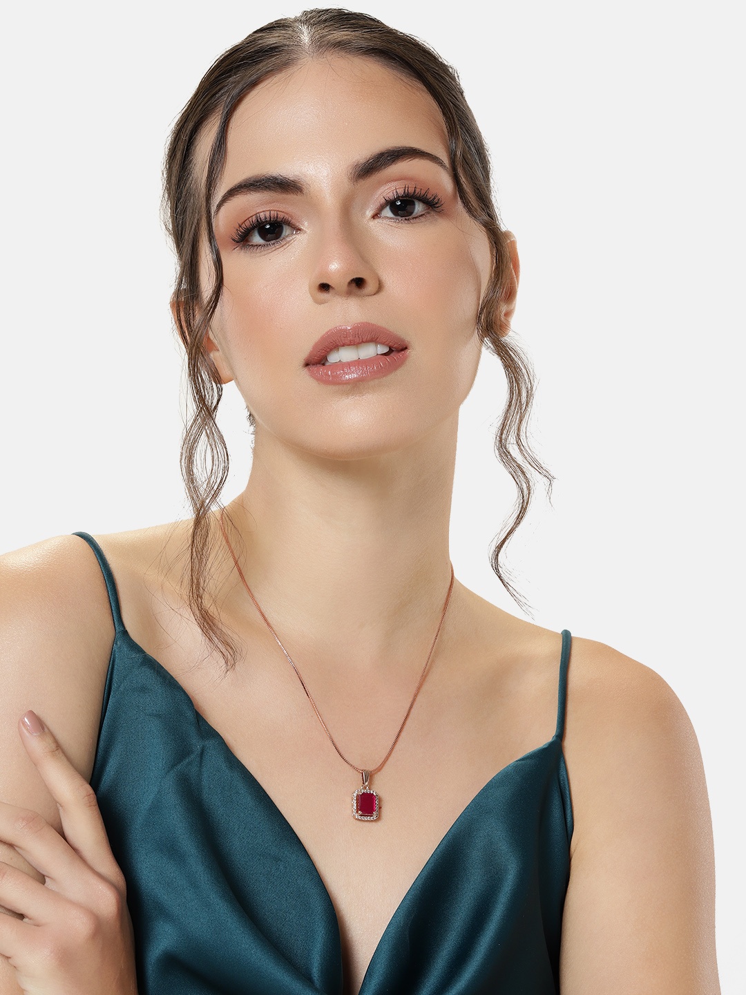 

Estele Rose Gold-Plated Geometric CZ Pendant with Chain, Red