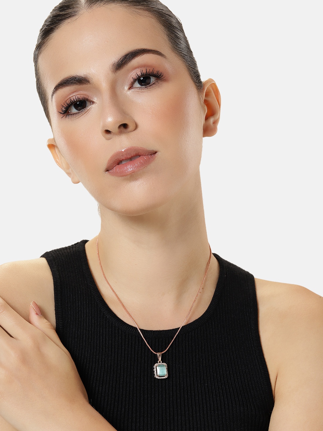 

Estele Rose Gold-Plated Geometric CZ Pendant with Chain, Green