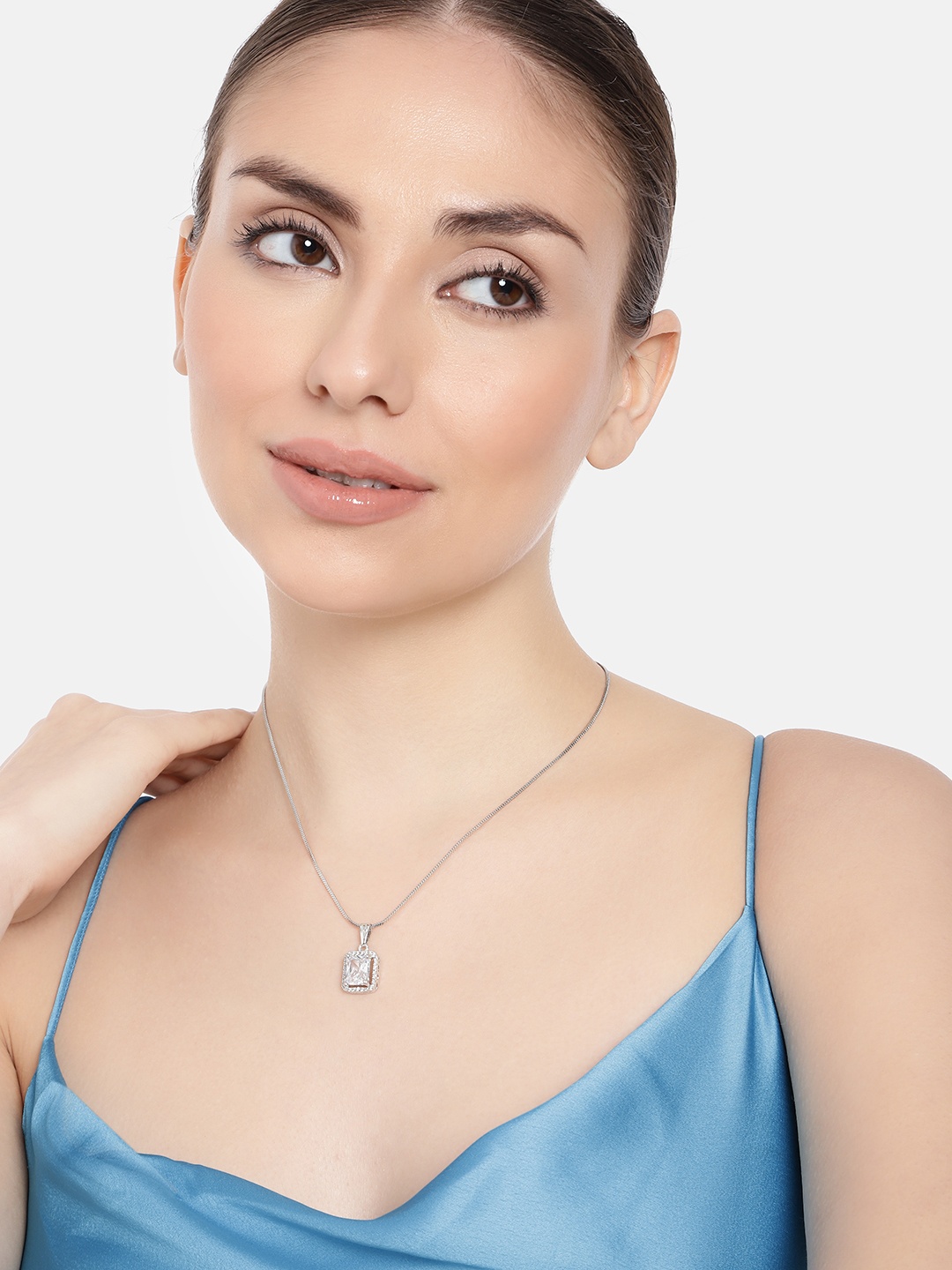 

Estele Rhodium-Plated Square CZ Pendant with Chain, White
