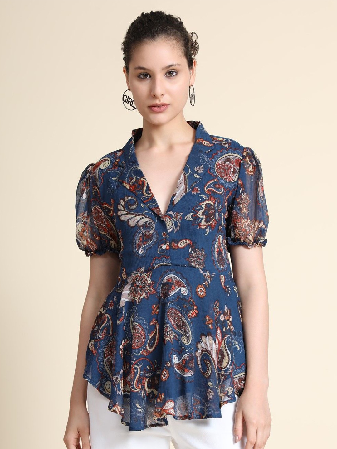 

BAESD Women Floral Printed Puff Sleeve Shirt Style Knitted Top, Navy blue