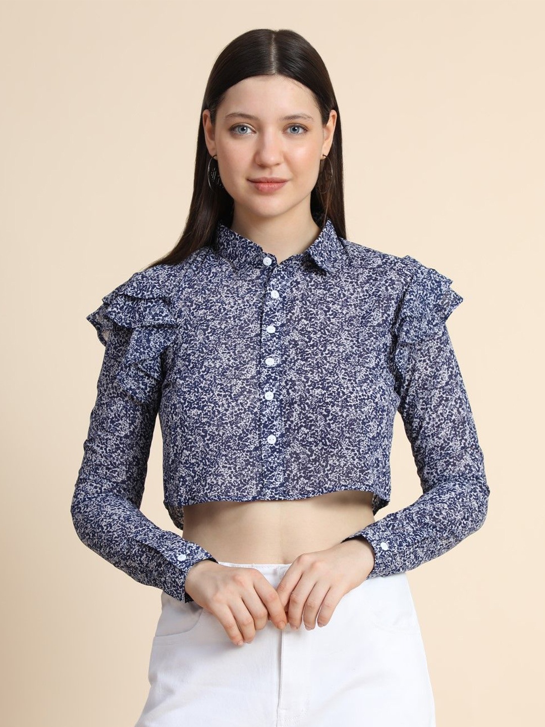 

BAESD Floral Print Georgette Shirt Style Crop Top, Blue