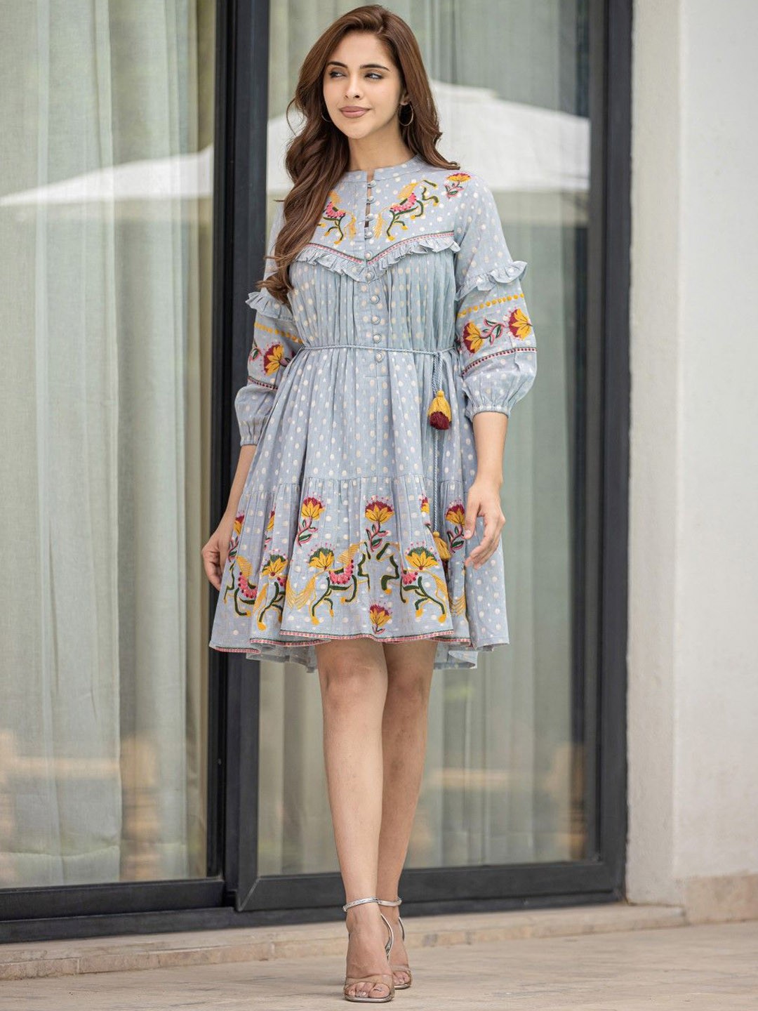 

AUTUMN LANE Polka Dot Print Puff Sleeve Cotton A-Line Dress, Blue