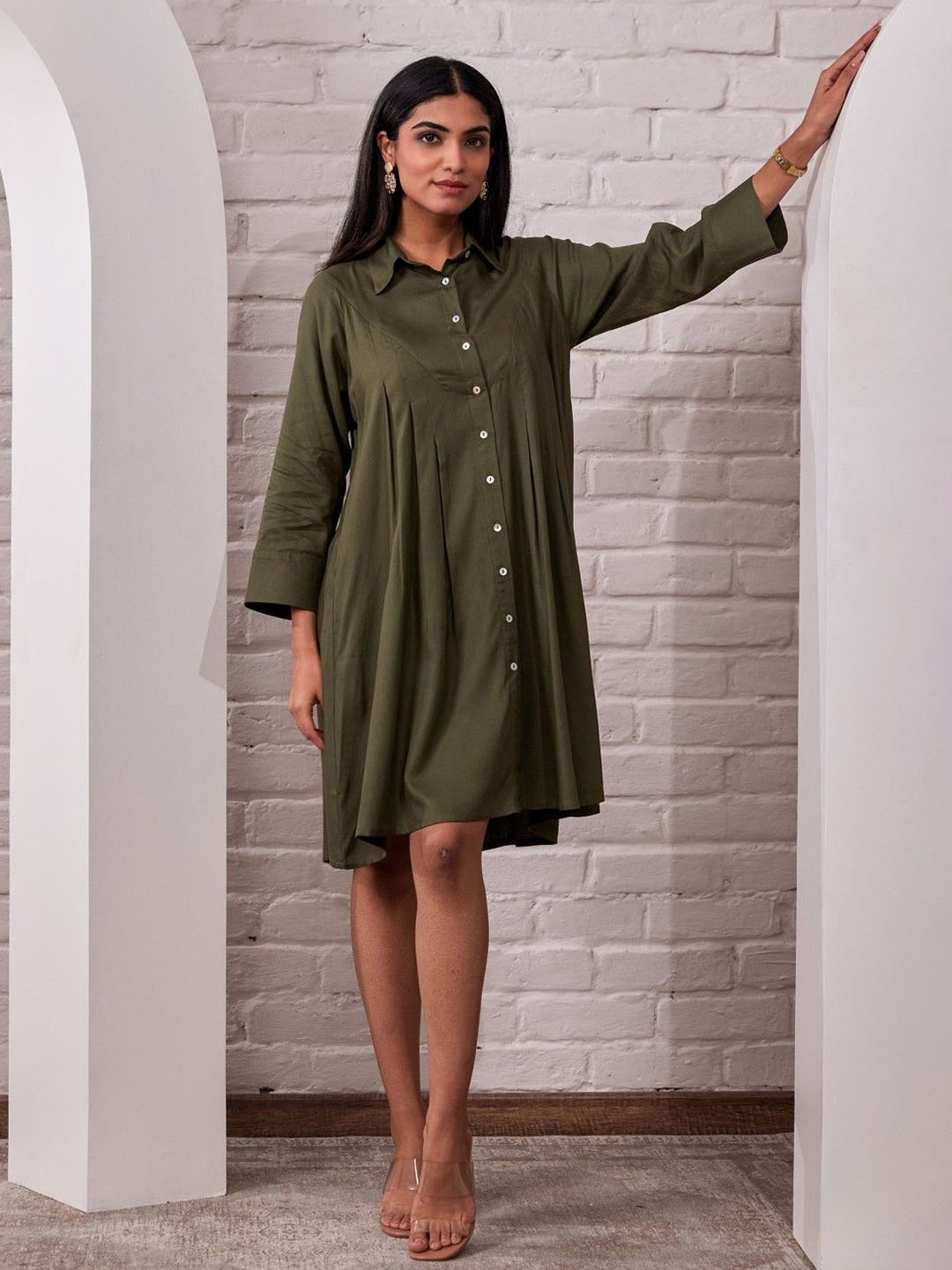 

AUTUMN LANE Shirt Collar Long Sleeves Cotton Shirt Dress, Olive