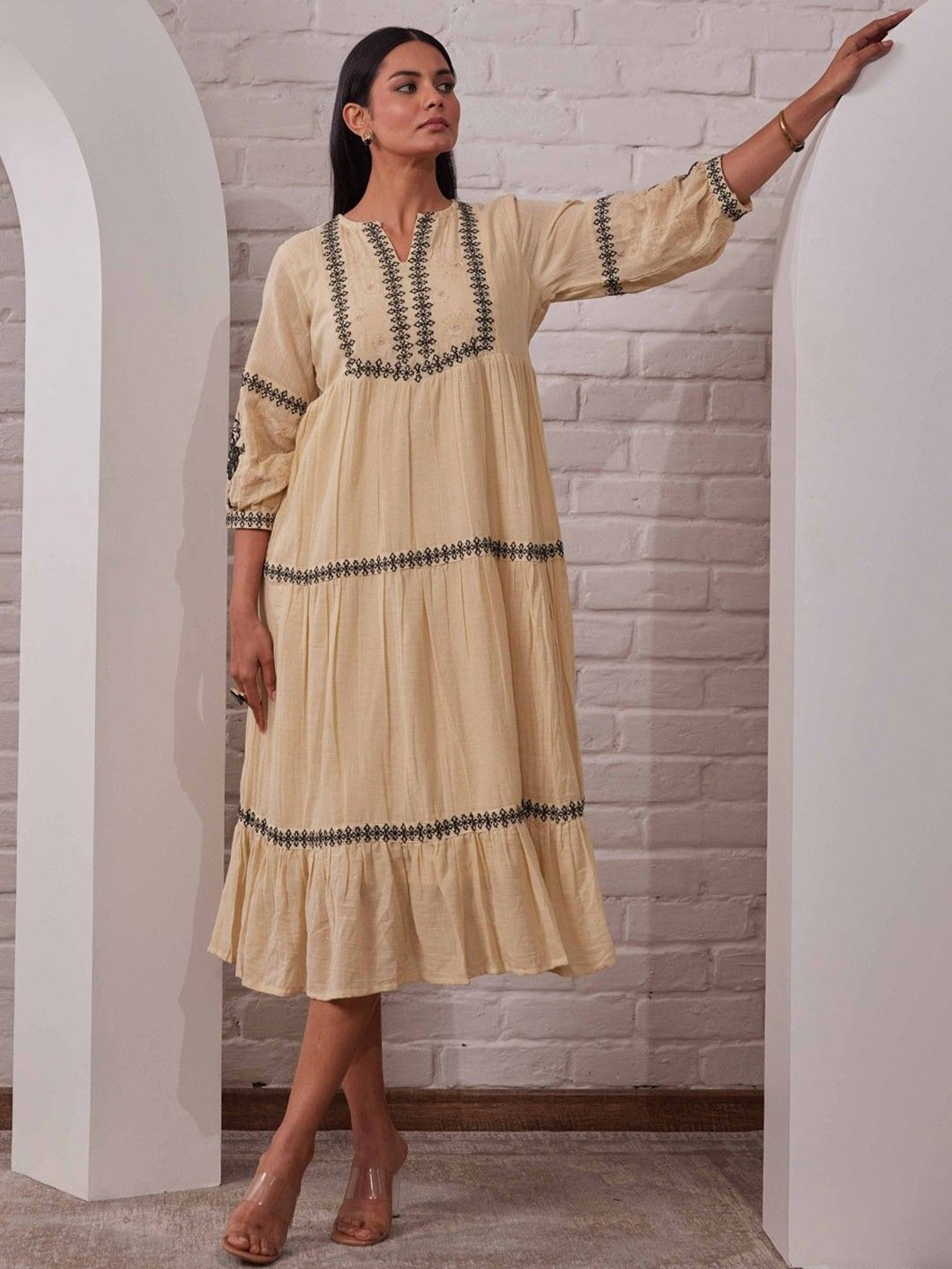 

AUTUMN LANE Embroidered Cotton A-line Ethnic Dress, Beige