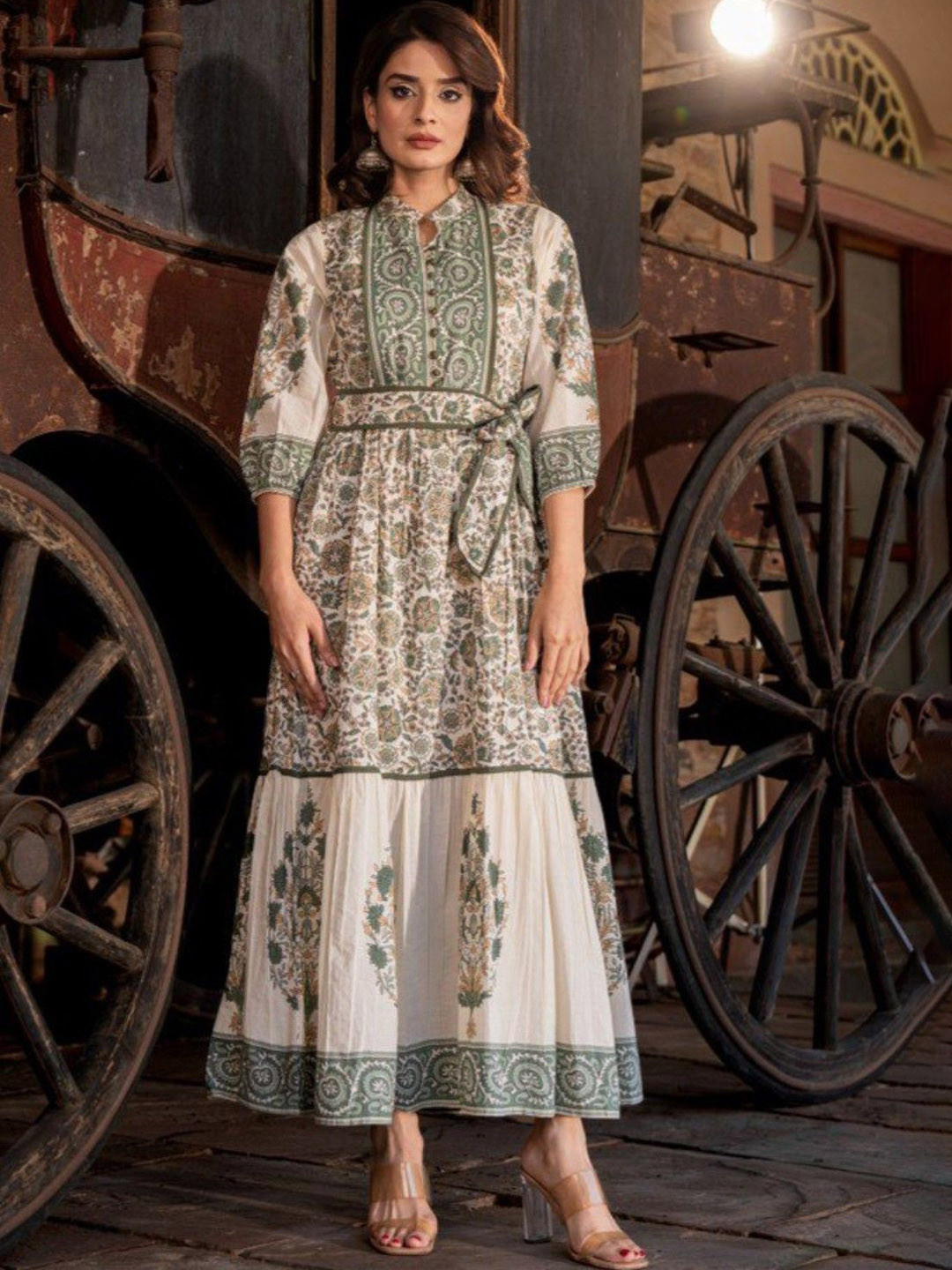 

AUTUMN LANE Women Printed Mandarin Collar Puff Sleeves Cotton Maxi Ethnic Dresses, Green