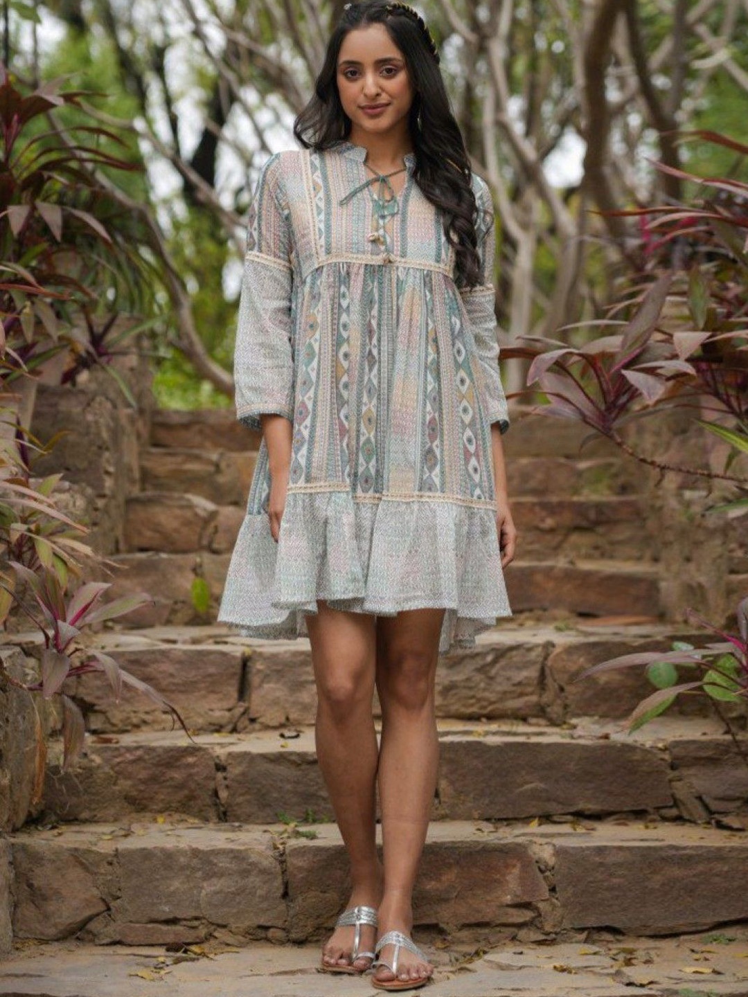 

AUTUMN LANE Printed Cotton Tie-Up Neck A-Line Ethnic Dresses, Blue
