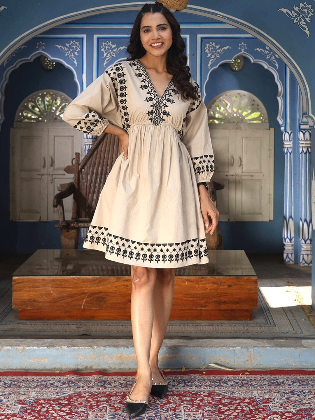 

AUTUMN LANE Embroidered Cotton A-Line Ethnic Dresses, Beige