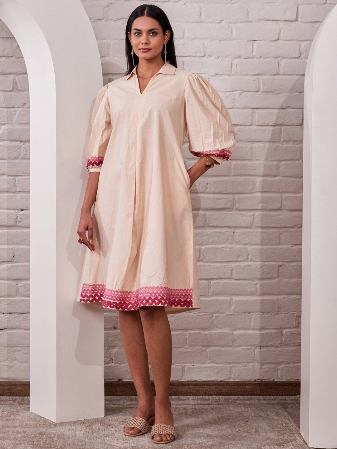 

AUTUMN LANE Puff Sleeve Cotton A-Line Dress, Beige