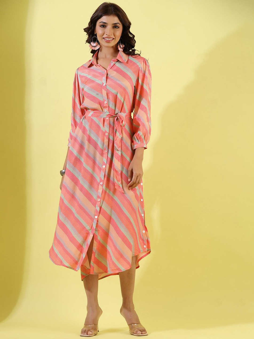

AUTUMN LANE Women Ethnic Motifs Print Cotton Shirt Midi Dress, Pink