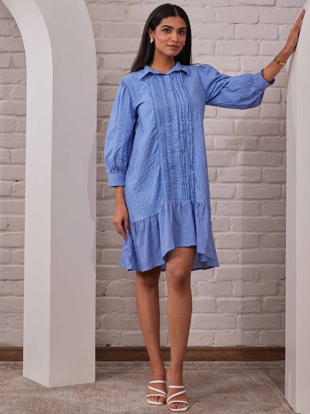 

AUTUMN LANE Women Striped Puff Sleeve Cotton Shirt Dress, Blue