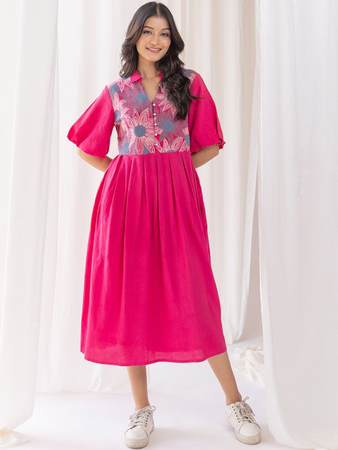 

AUTUMN LANE Floral Embroidered Shirt Collar Puff Sleeve Empire Cotton Midi Dress, Pink