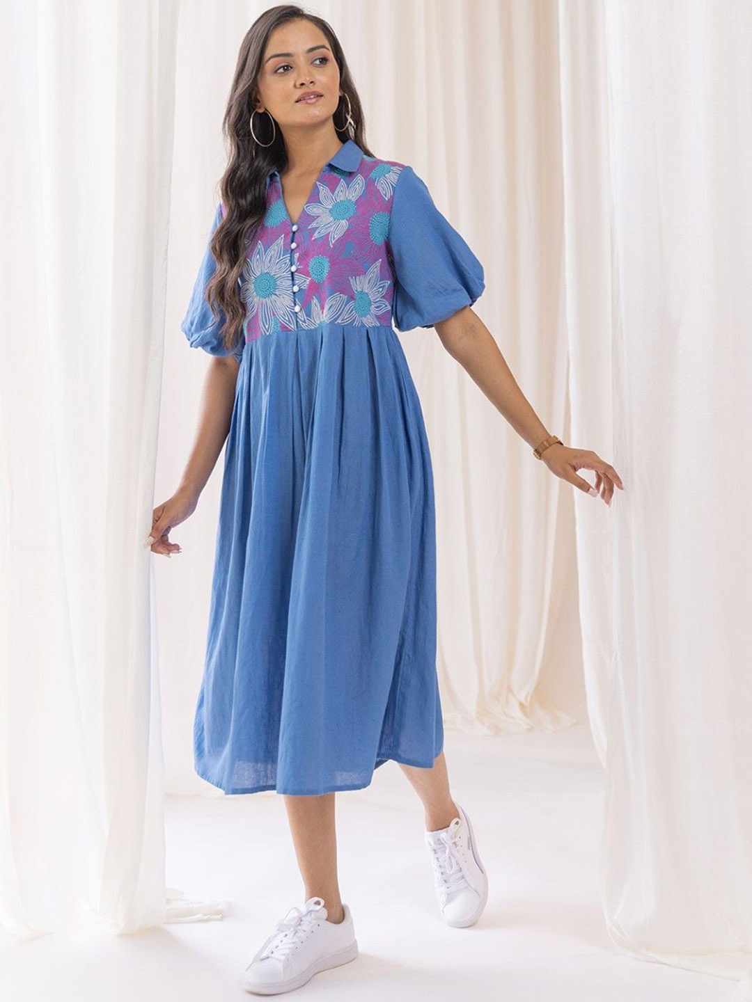 

AUTUMN LANE Floral Embroidered Puff Sleeve Empire Cotton Midi Dress, Blue