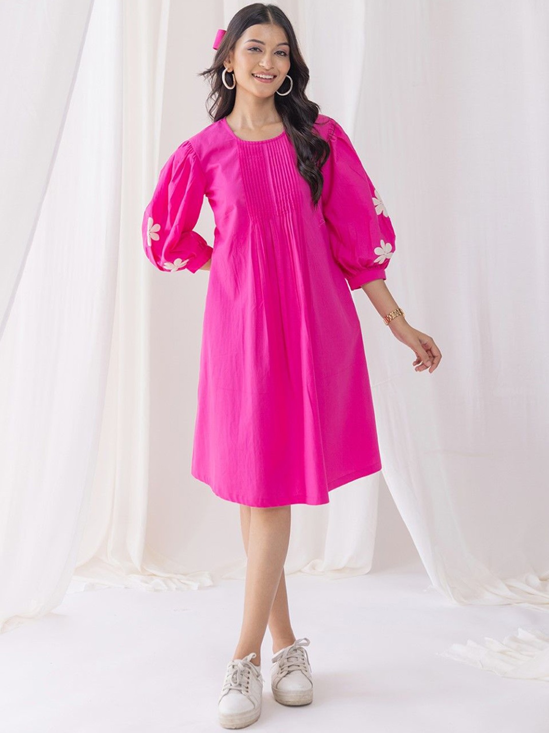 

AUTUMN LANE Women Puff Sleeve A-Line Midi Dress, Pink