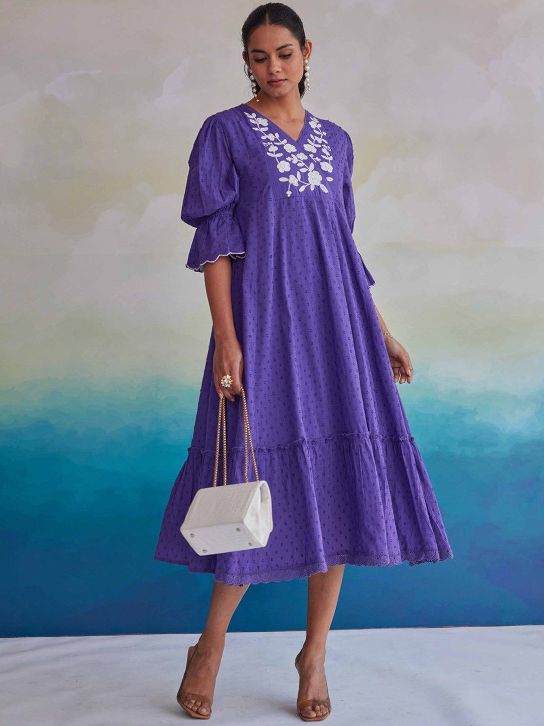 

AUTUMN LANE Embroidered Puff Sleeves A-Line Midi Dress, Purple