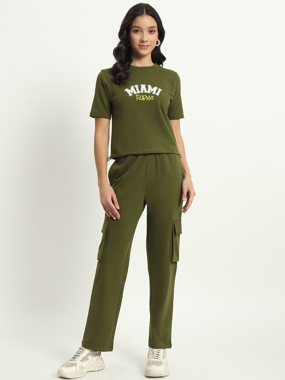 

VividArtsy Printed Pure Cotton Round Neck Top & Trousers Co-Ords, Olive