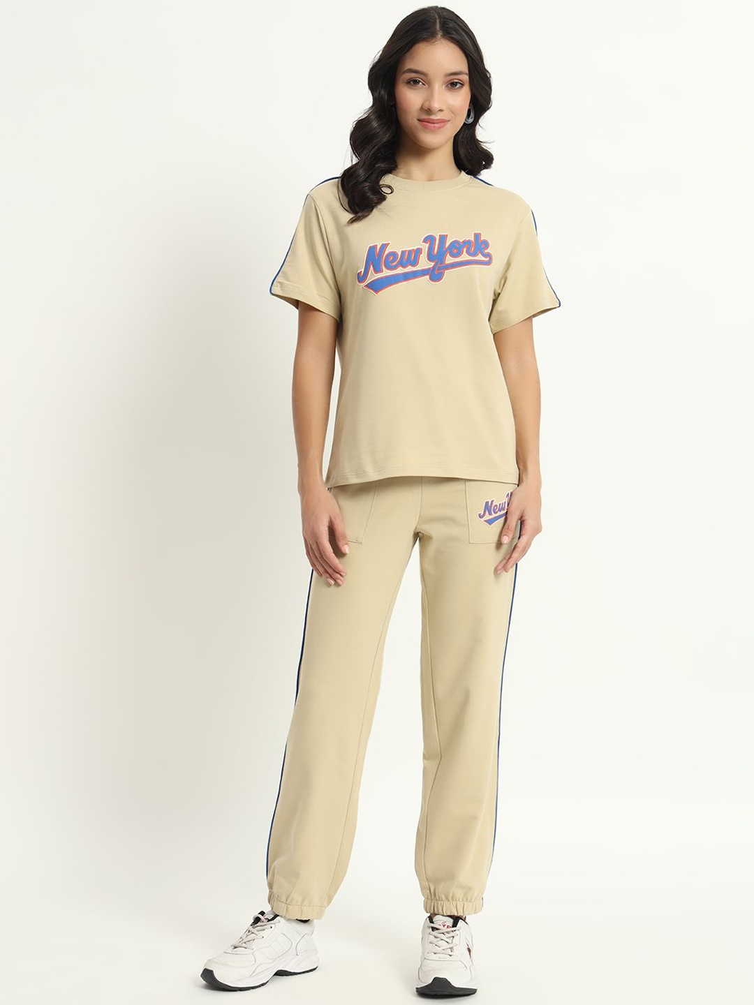 

VividArtsy Pure Cotton Round Neck T-Shirt With Jogger Co-Ords, Beige