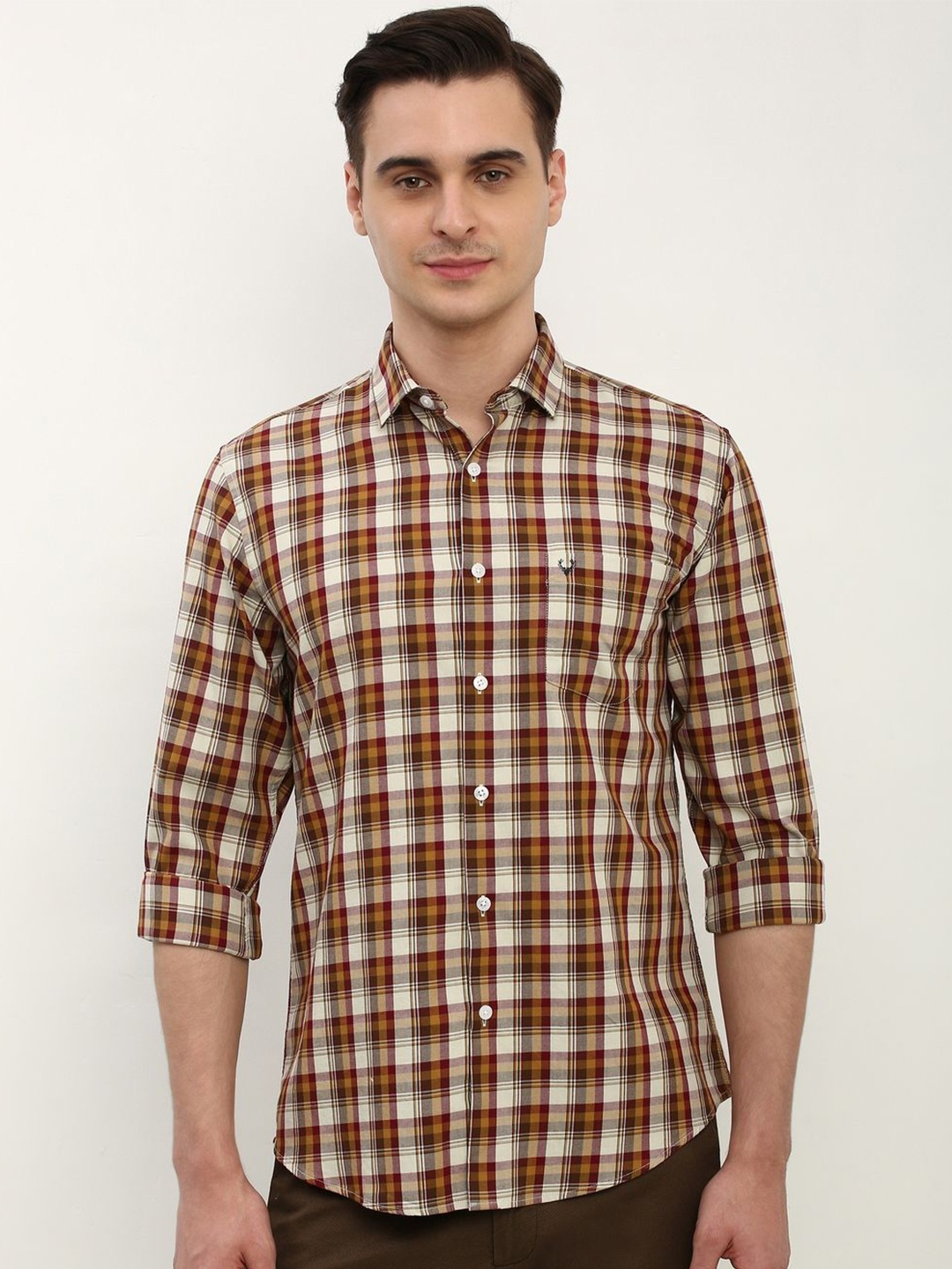 

Allen Solly Men Spread Collar Tartan Checked Cotton Slim Fit Casual Shirt, Beige