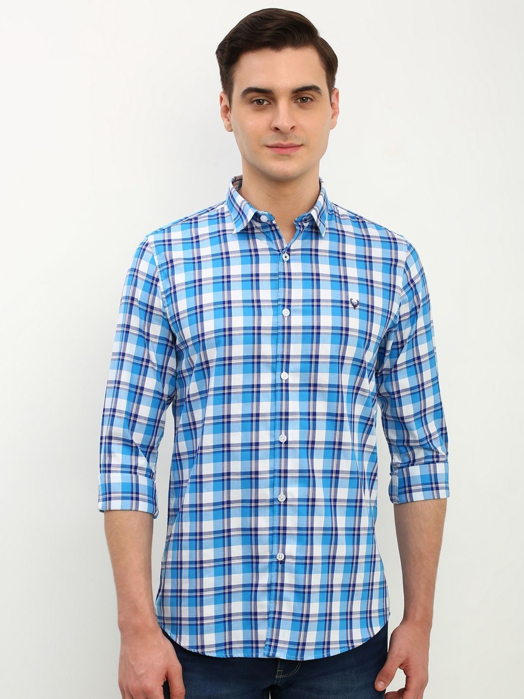 

Allen Solly Men Slim Fit Opaque Checked Pure Cotton Casual Shirt, Blue