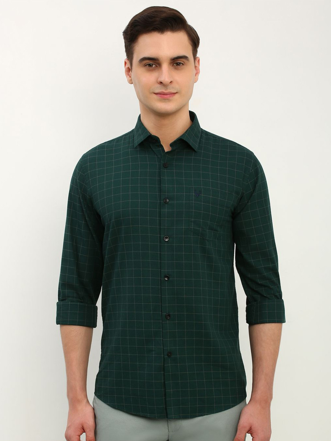 

Allen Solly Men Slim Fit Checked Pure Cotton Casual Shirt, Green