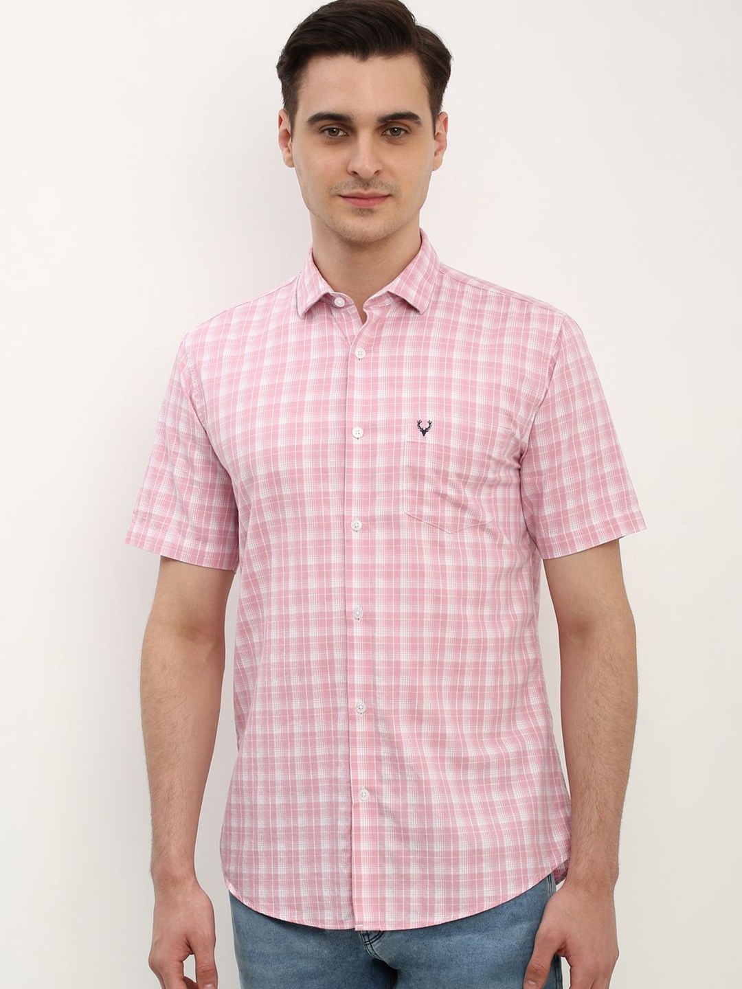 

Allen Solly Men Spread Collar Checked Cotton Slim Fit Casual Shirt, Pink