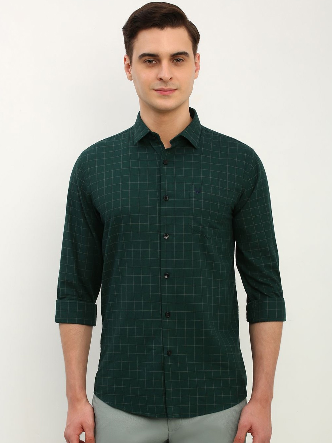 

Allen Solly Men Spread Collar Grid Tattersall Checked Cotton Slim Fit Casual Shirt, Green