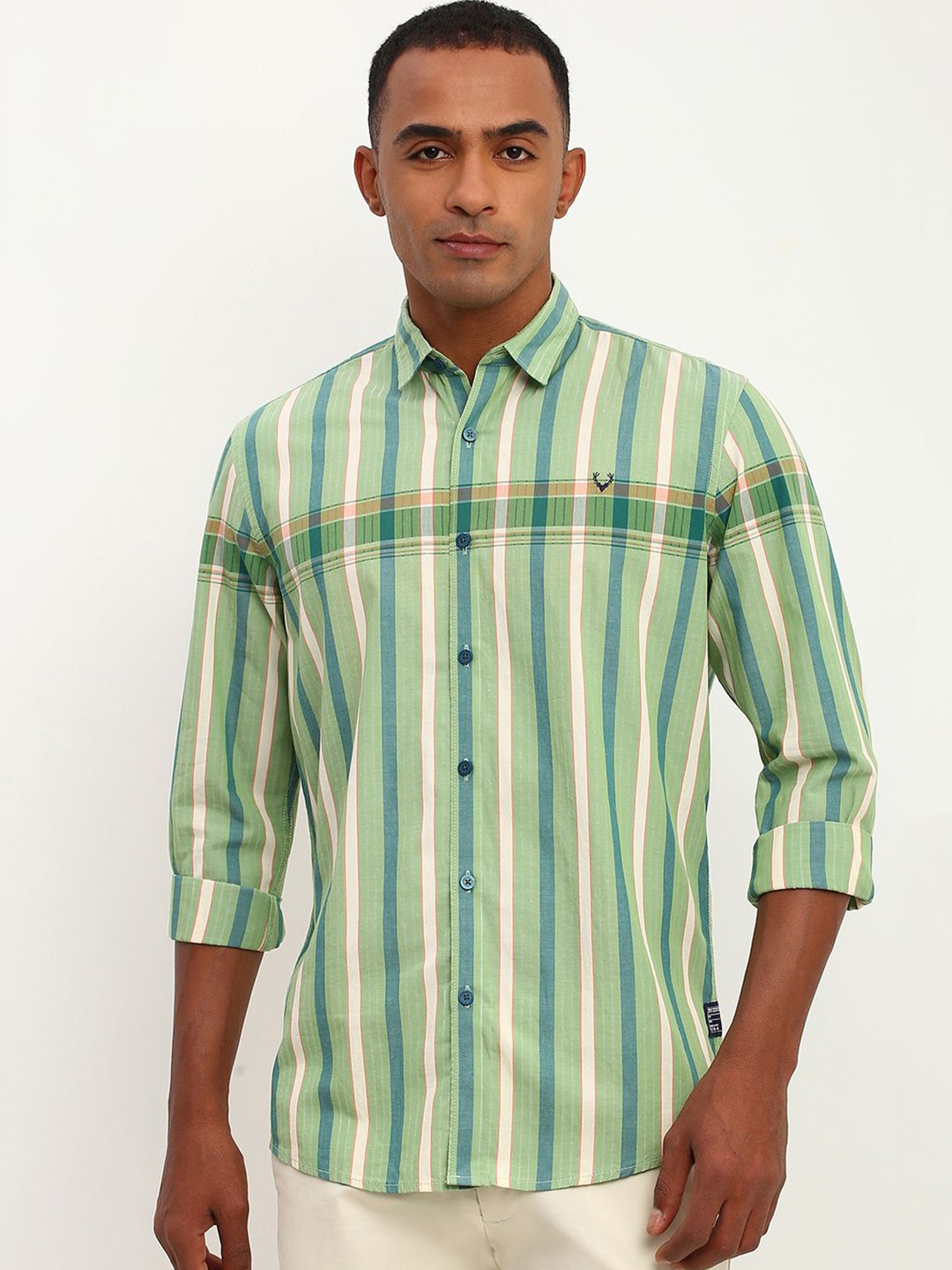 

Allen Solly Men Slim Fit Striped Pure Cotton Casual Shirt, Green