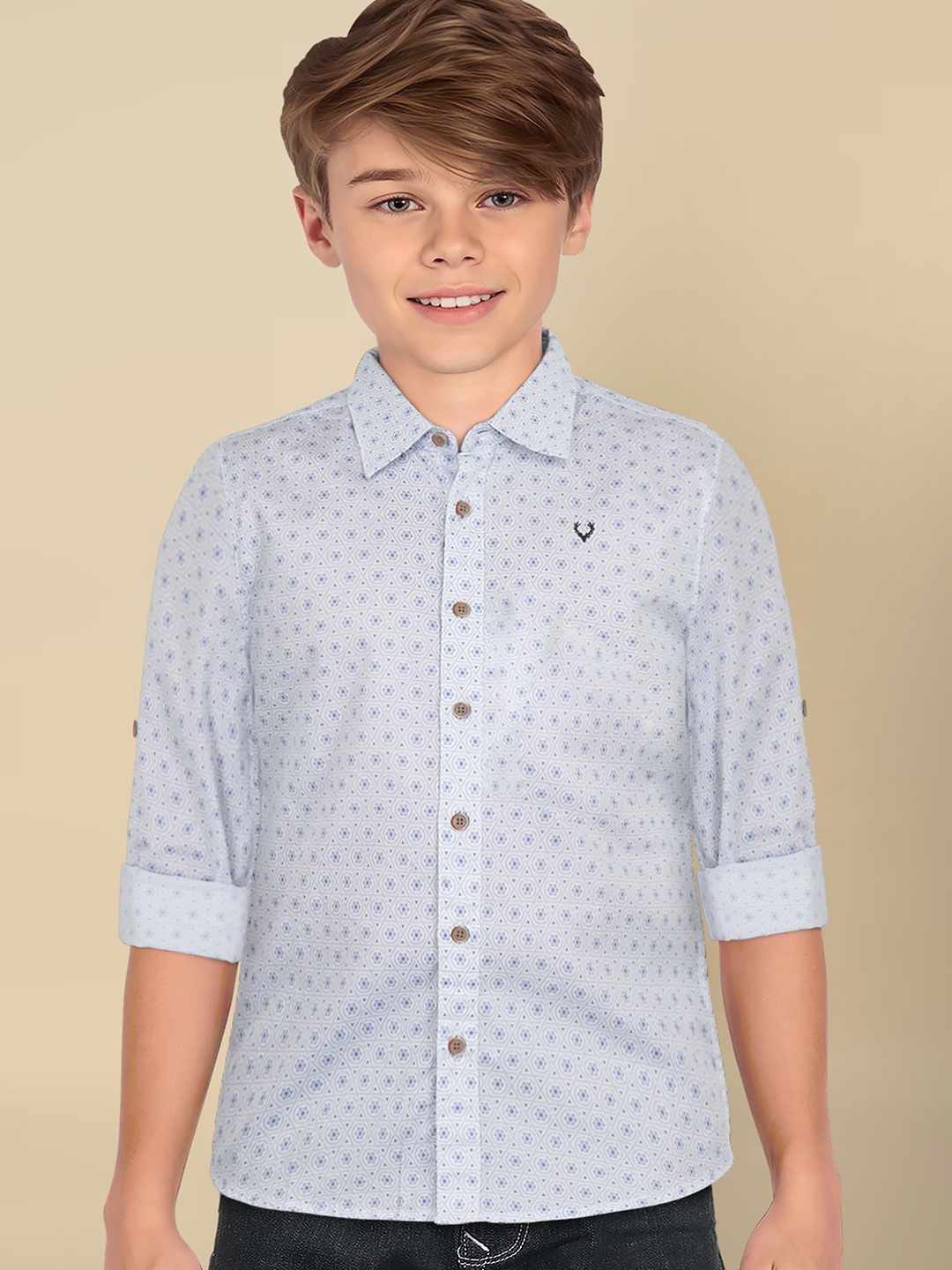 

Allen Solly Junior Boys Spread Collar Micro Ditsy Printed Cotton Slim Fit Casual Shirt, White