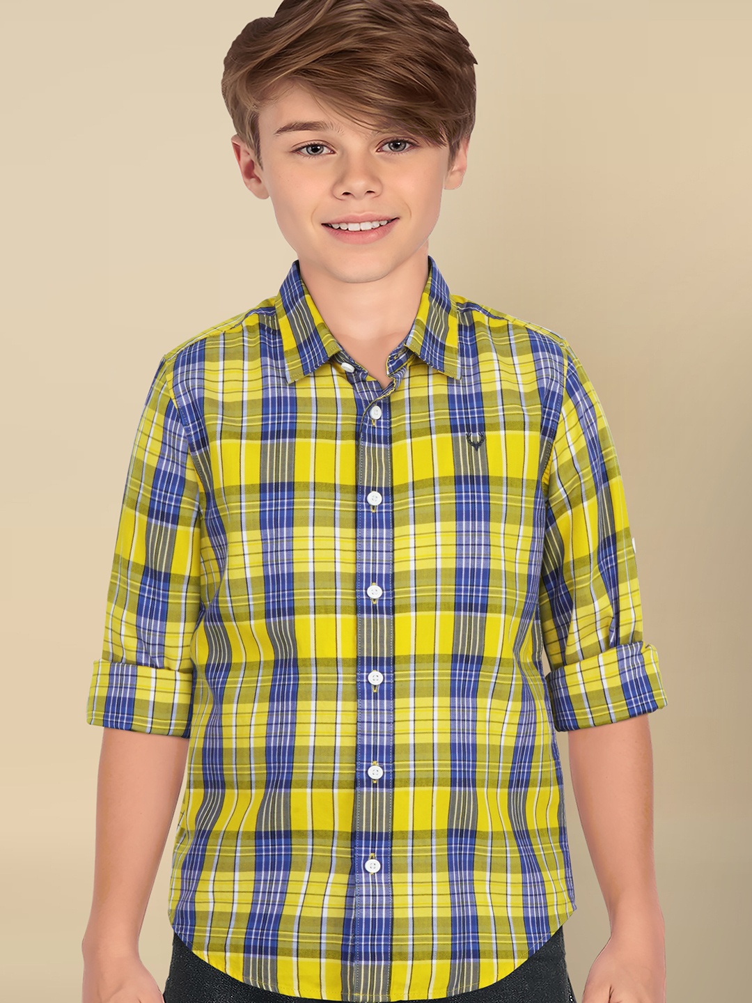 

Allen Solly Junior Boys Spread Collar Tartan Checked Cotton Slim Fit Casual Shirt, Yellow