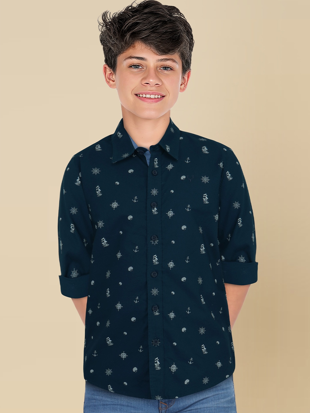 

Allen Solly Junior Boys Slim Fit Opaque Printed Casual Shirt, Navy blue