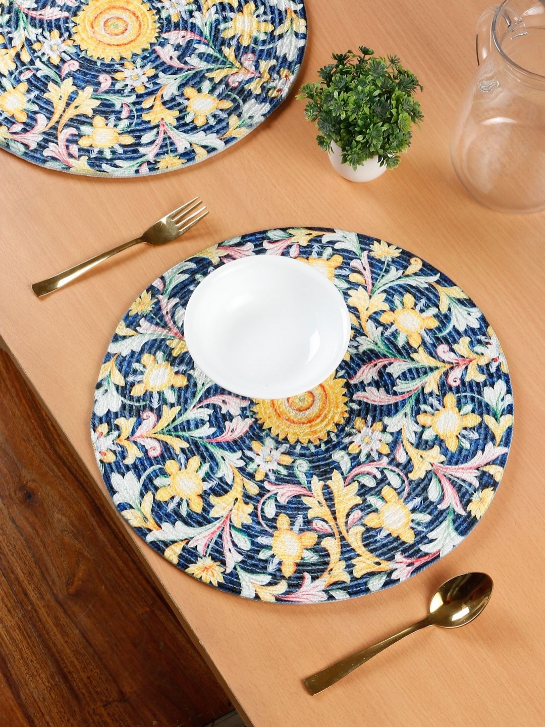 

SOKNACK Blue & Yellow 4 Pieces Floral Printed Round Cotton Table Placemats