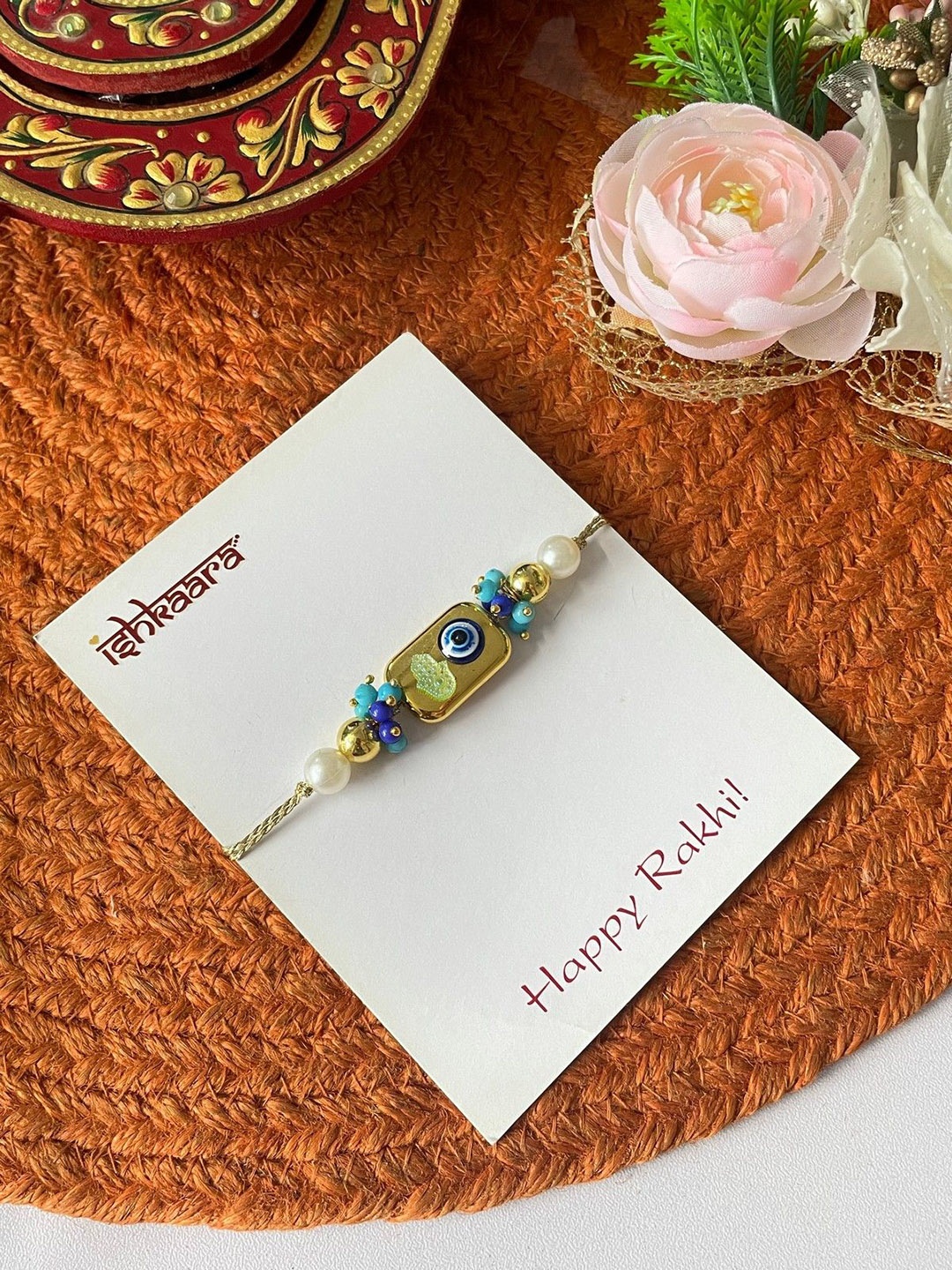 

ISHKAARA Evil Eye Beaded Thread Rakhi, Gold