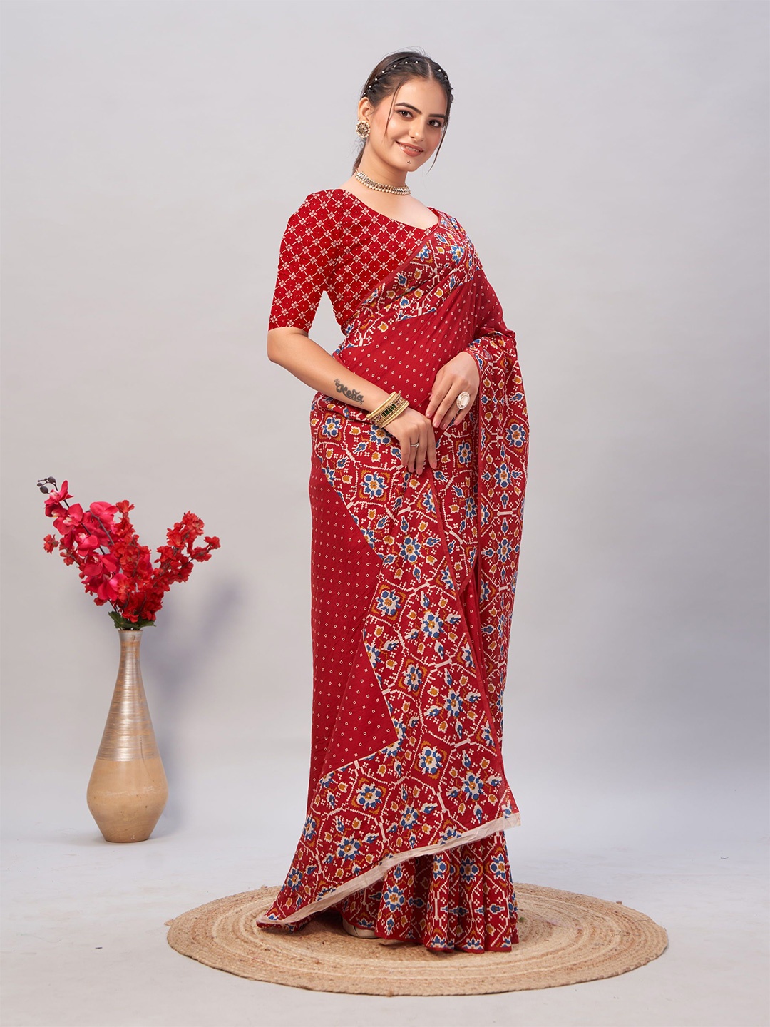 

V3 FASHION STUDIO Bandhani Pure Cotton Saree, Red