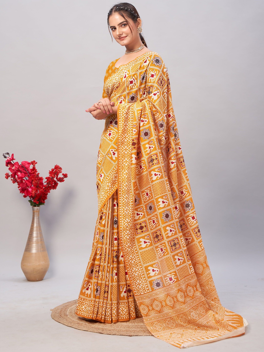 

V3 FASHION STUDIO Ajrak Print Pure Cotton Saree, Yellow