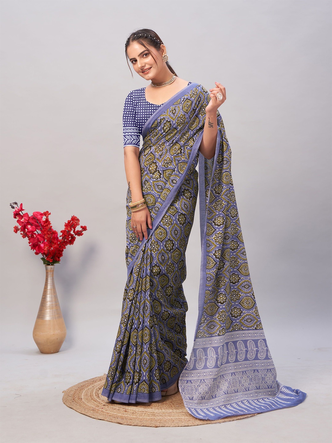 

V3 FASHION STUDIO Ajrak Block Pure Cotton Saree, Blue