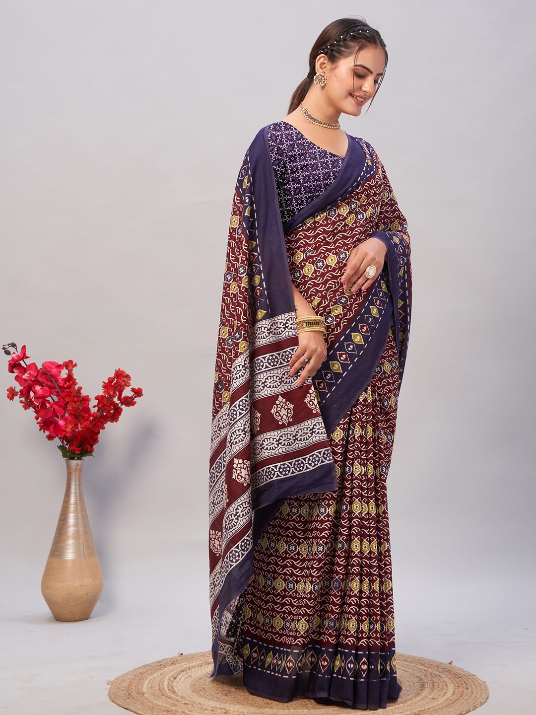

V3 FASHION STUDIO Ajrak Print Pure Cotton Saree, Maroon