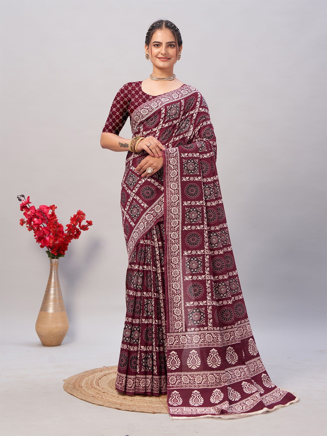 

V3 FASHION STUDIO Ajrak Print Pure Cotton Saree, Magenta