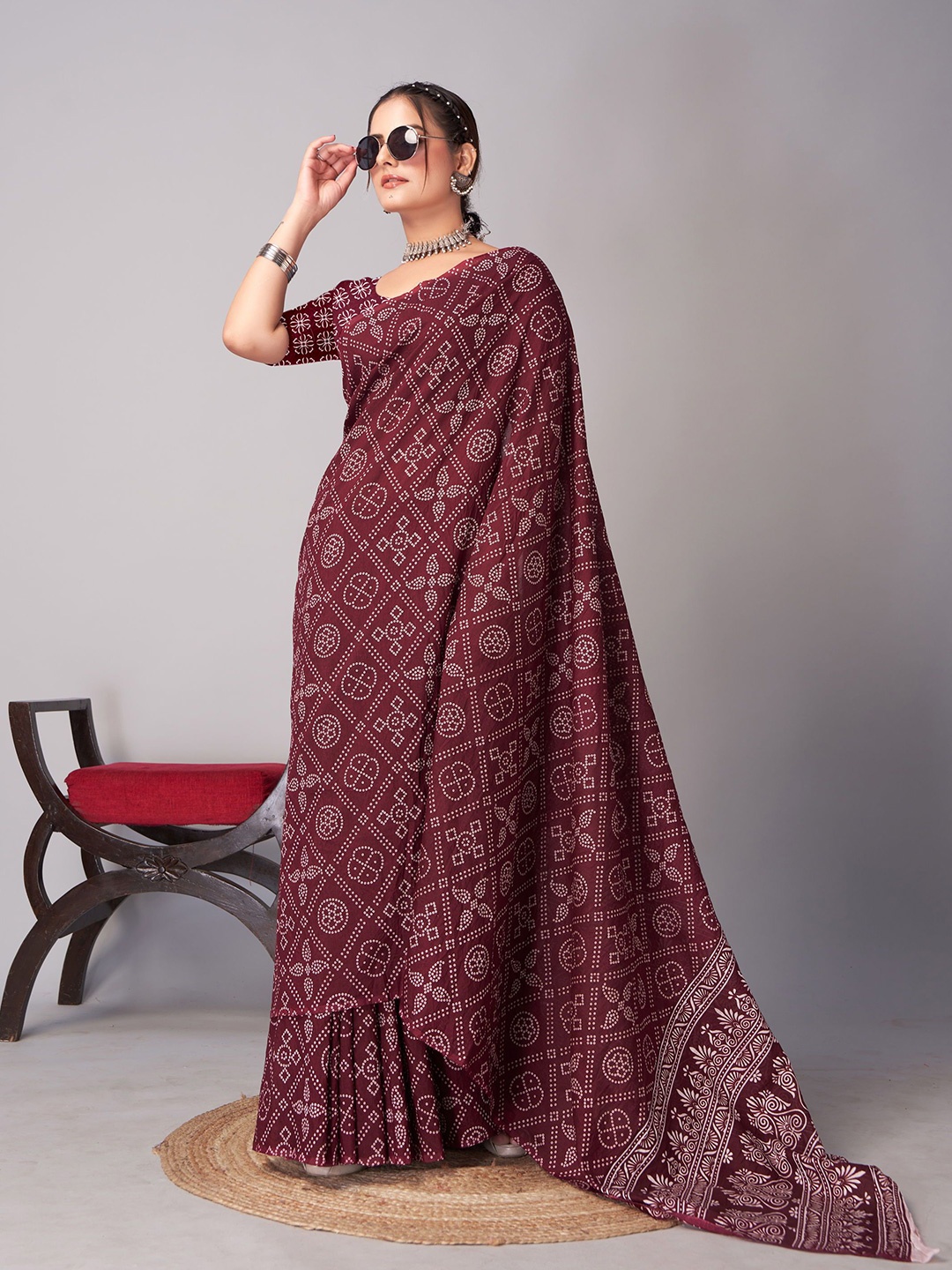 

V3 FASHION STUDIO Ajrak Block Pure Cotton Banarasi Saree, Purple