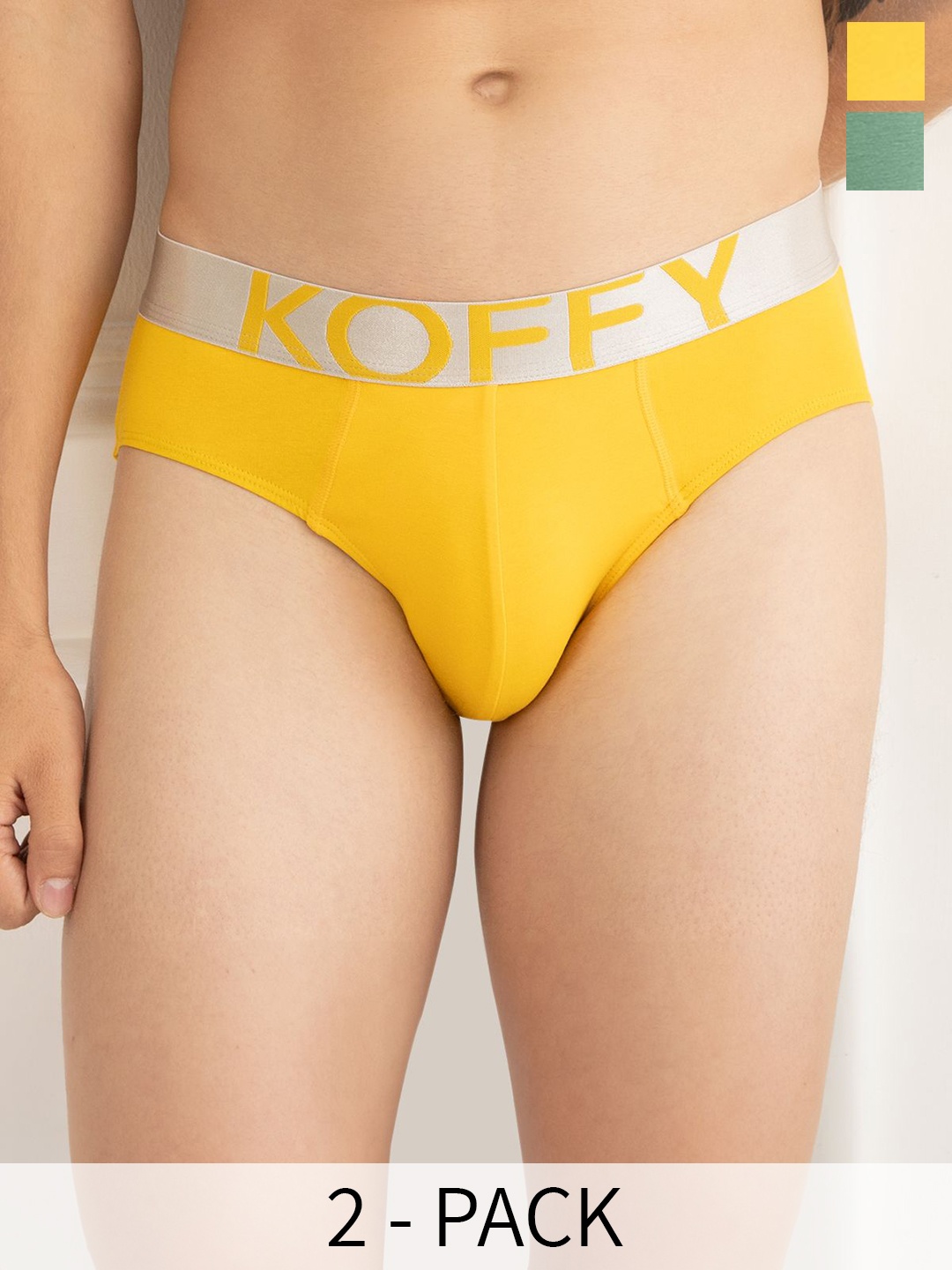 

KOFFY Pack of 2 Anti Microbial Mid Waist Basic Briefs-KOFFY_KI26_YLW_GN_2PC, Yellow
