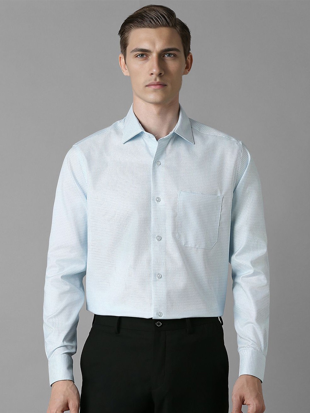 

Louis Philippe Men Spread Collar Textured Printed Cotton Formal Shirt, Blue