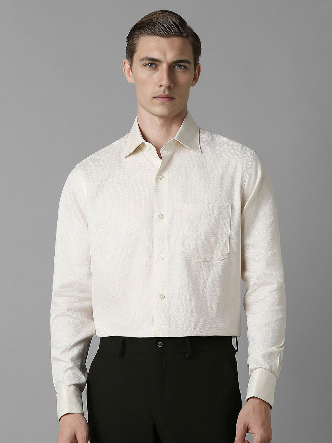 

Louis Philippe Men Spread Collar Textured Cotton Formal Shirt, Cream
