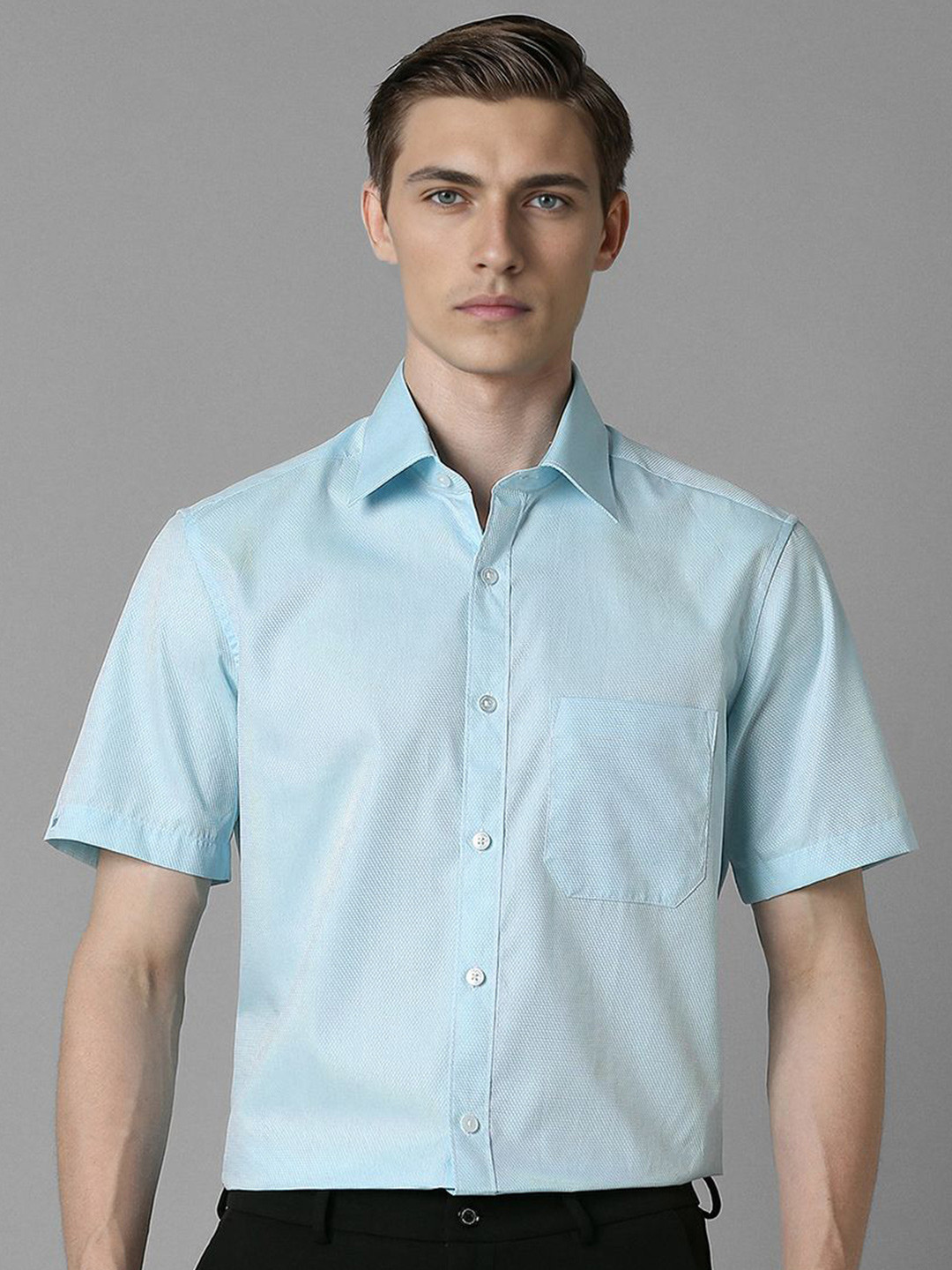 

Louis Philippe Men Spread Collar Solid Self Design Cotton Formal Shirt, Blue
